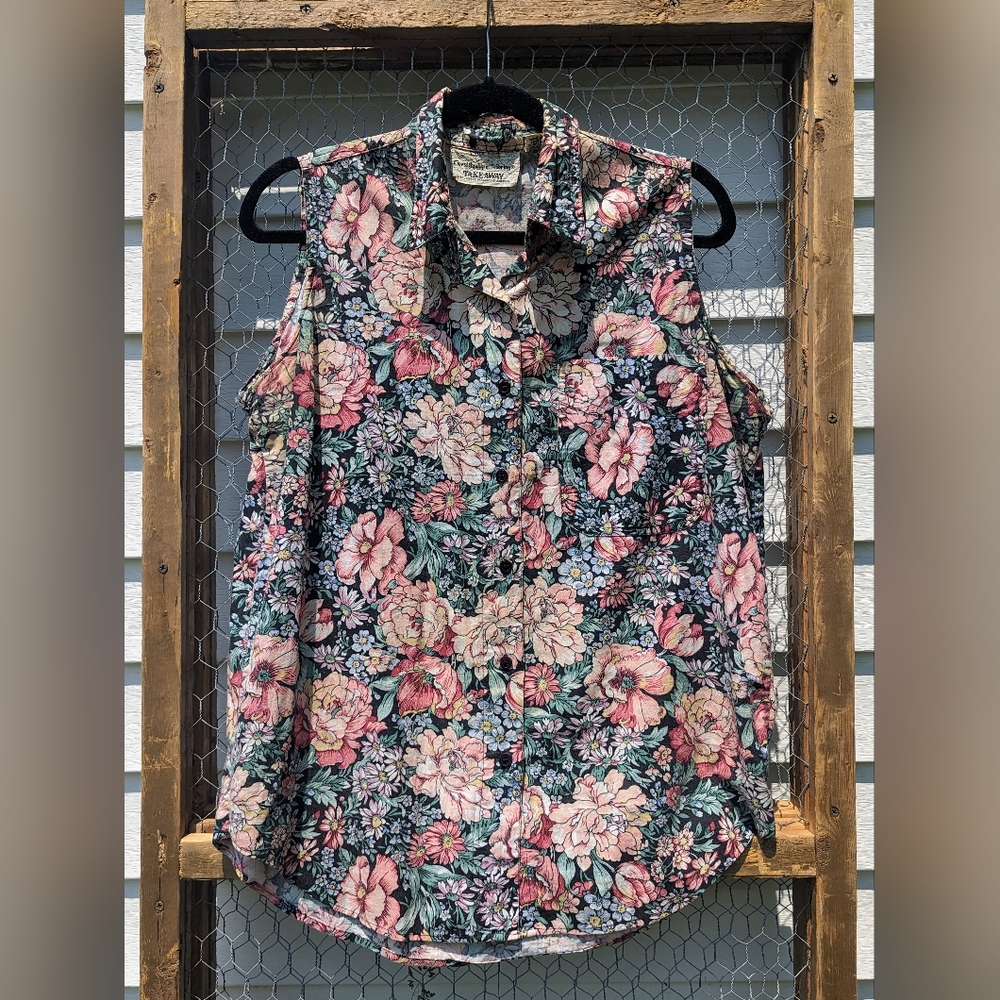 Vintage 90s Pure Love Indian Cotton Floral Cottagecore Shirt L Boho Tank As Is